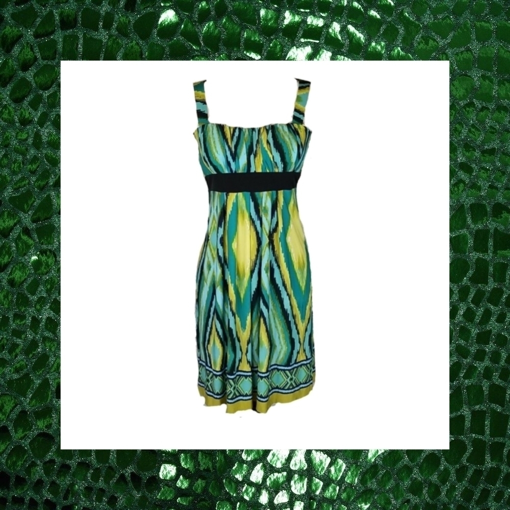 Vintage Sateen Retro Dress Green Blue Geo Print